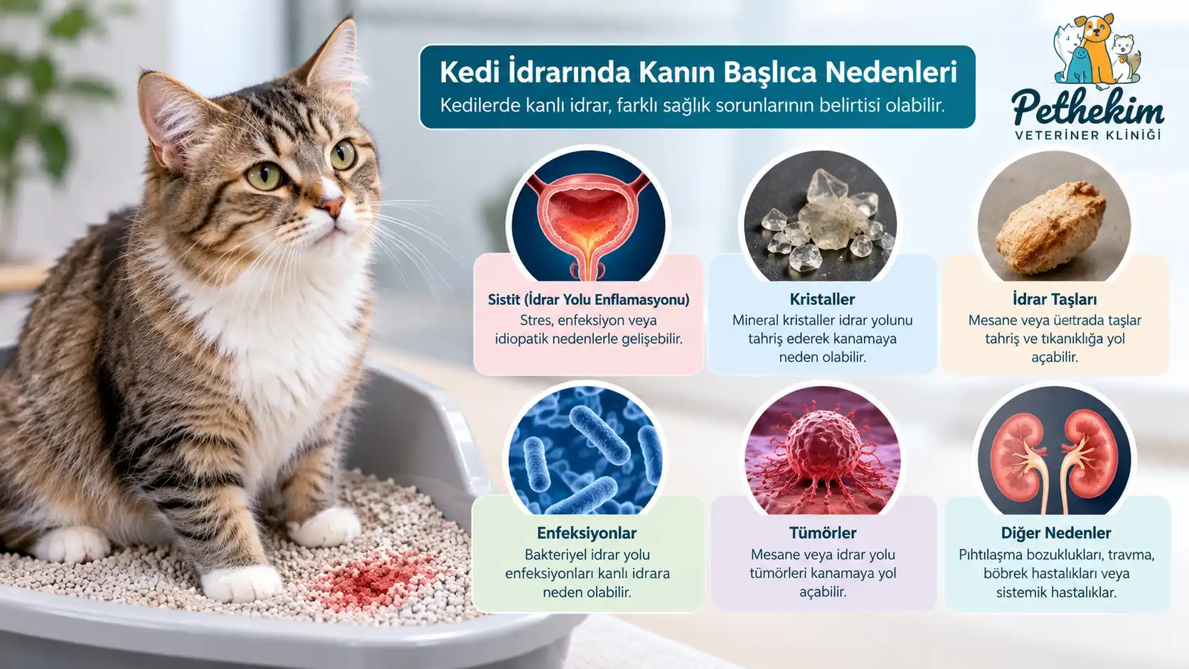 Kedilerde kanlı idrarın başlıca nedenleri: sistit, kristal, taş ve enfeksiyon