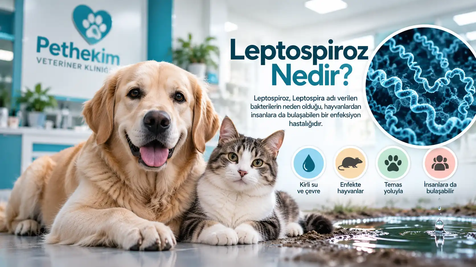 Leptospiroz Nedir? | Pethekim Veteriner Kliniği Leptospiroz nedir? Köpek ve kedilerde Leptospira bakterisi hakkında bilgilendirici görsel
